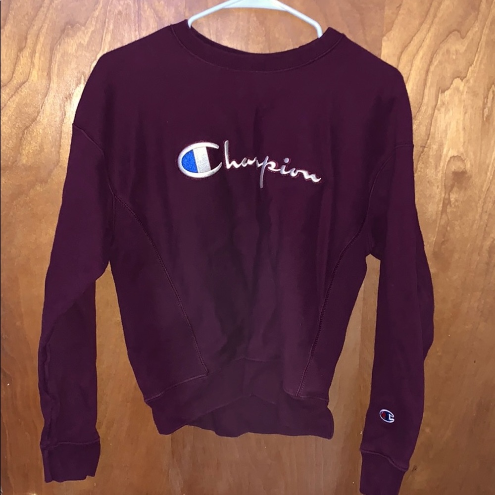 maroon/violet colored champion crewneck